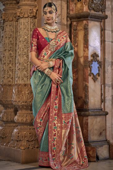 Patola Silk Cyan Color Weaving Work Saree