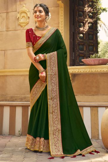 Mehendi Green Color Banglori Silk Fabric Engaging Saree With Border Work