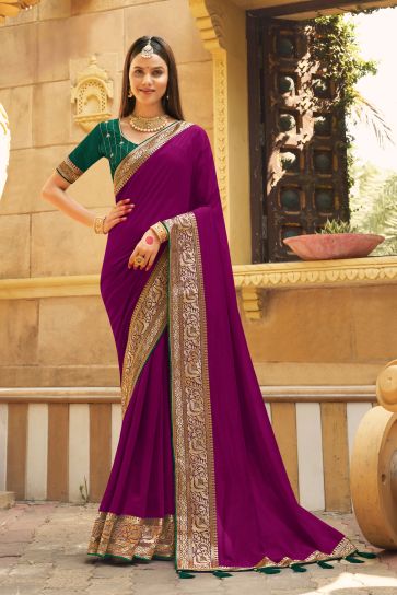 Excellent Banglori Silk Fabric Wine Color Saree With Border Work