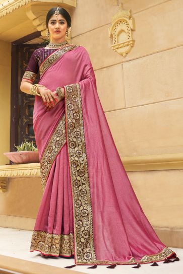 Pink Color Border Work On Banglori Silk Fabric Stunning Saree