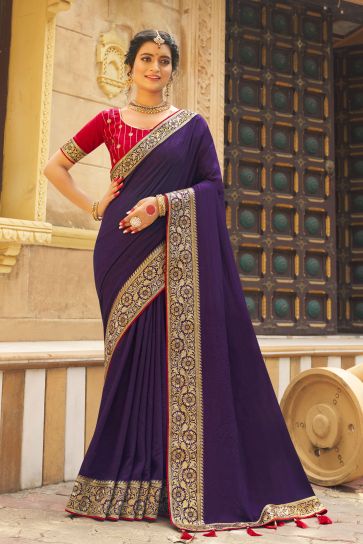 Beguiling Border Work On Purple Color Banglori Silk Fabric Saree