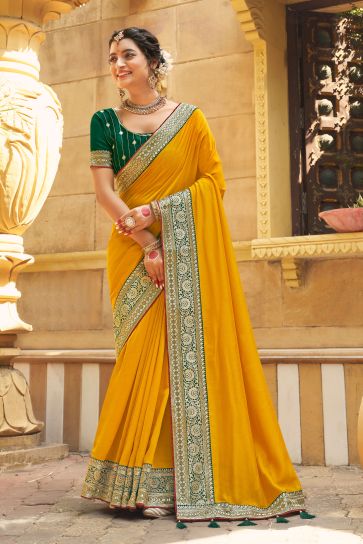 Yellow Color Banglori Silk Fabric Coveted Saree With Border Work