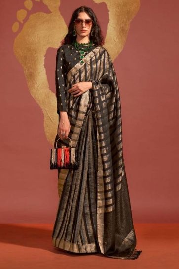 Fashionable Black Color Viscose Handloom Weaving Silk Saree 