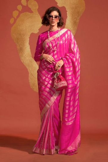 Glamorous Pink Color Viscose Handloom Weaving Silk Saree 