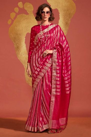 Pink Color Charismatic Viscose Handloom Weaving Silk Saree 