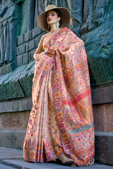 Charming Peach Color Organza Fabric Saree With Weaving Work