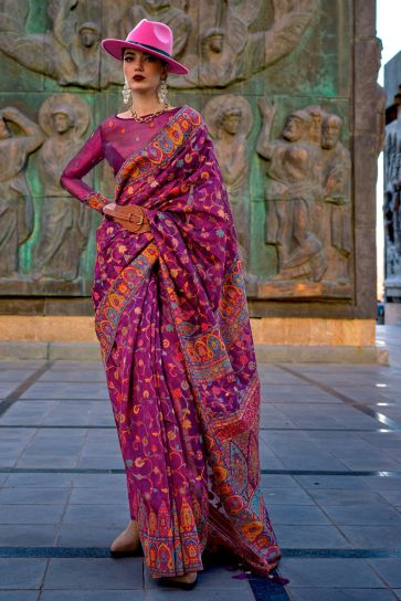 Mesmeric Magenta Color Weaving Work On Saree In Organza Fabric