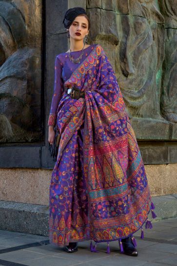Incredible Weaving Work On Organza Fabric Purple Color Saree