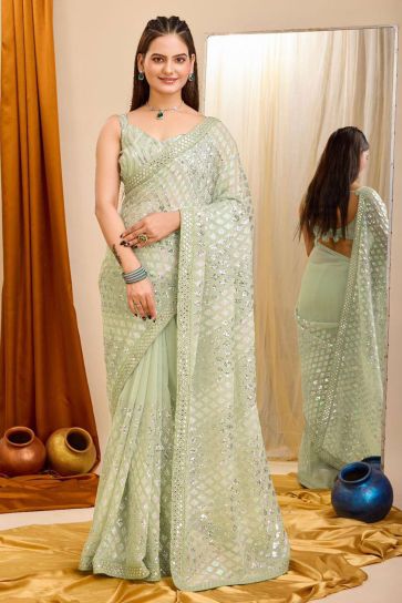 Sea Green Color Function Wear Glamorous Georgette Saree
