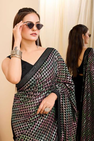 Trendy Sequins Work On Black Color Saree In Georgette Fabric