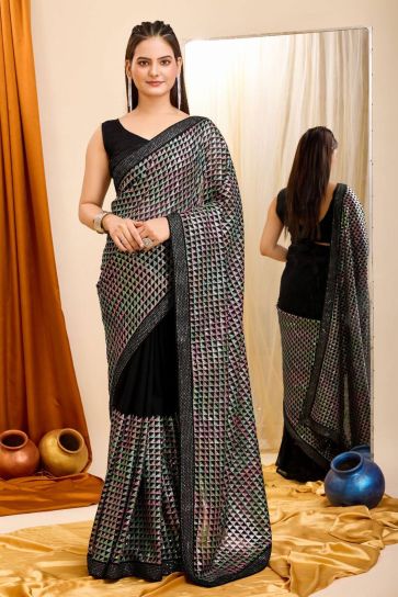 Trendy Sequins Work On Black Color Saree In Georgette Fabric