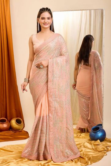 Georgette Fabric Sequins Work On Peach Color Amazing Saree