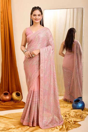 Trendy Georgette Fabric Pink Color Saree With Sequins Work