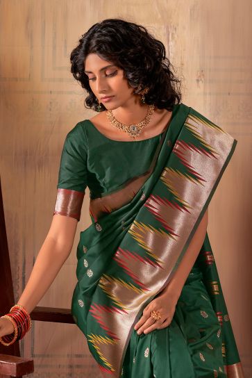Banarasi Silk Fabric Festive Wear Vivacious Saree In Green Color