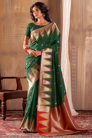 Banarasi Silk Fabric Festive Wear Vivacious Saree In Green Color