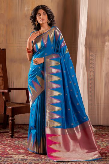 Banarasi Silk Fabric Festive Wear Mesmeric Saree In Blue Color