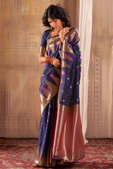 Festive Wear Banarasi Silk Fabric Navy Blue Color Supreme Saree