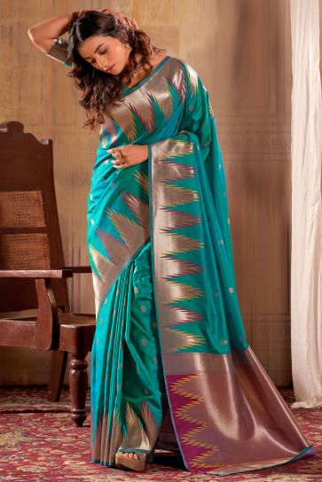 Sea Green Color Banarasi Silk Fabric Festive Wear Lovely Saree
