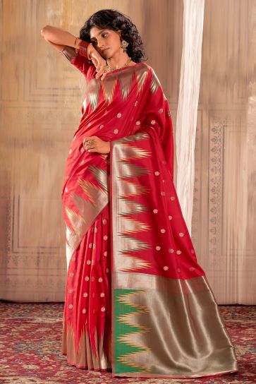 Banarasi Silk Fabric Festive Wear Vintage Saree In Red Color