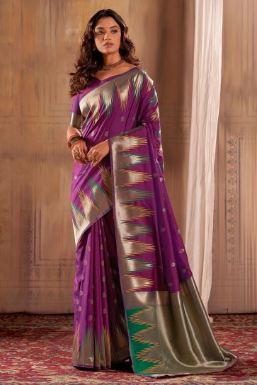 Festive Wear Banarasi Silk Fabric Purple Color Trendy Saree