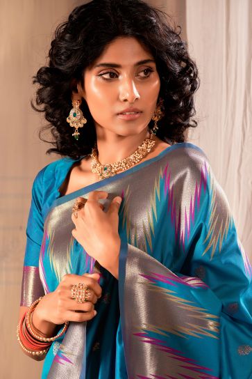 Teal Color Banarasi Silk Fabric Festive Wear Luminous Saree