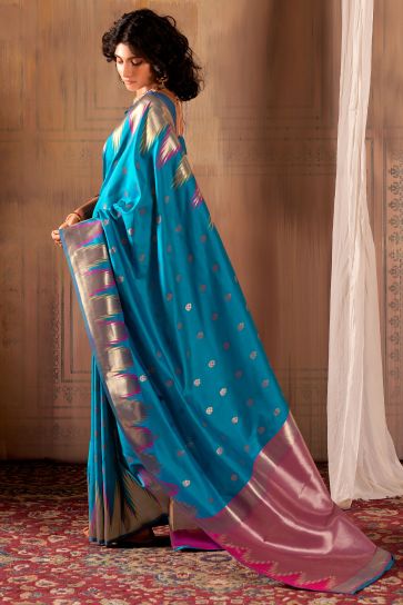 Teal Color Banarasi Silk Fabric Festive Wear Luminous Saree