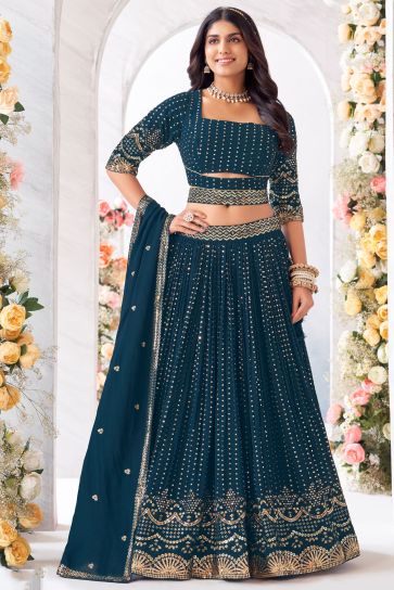Georgette Fabric Function Wear Vivacious Readymade Lehenga In Teal Color