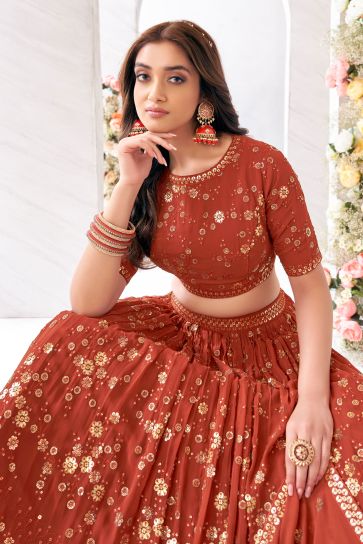 Georgette Fabric Function Wear Luxurious Readymade Lehenga In Rust Color