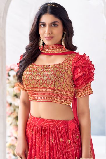 Function Wear Georgette Fabric Red Color Magnificent Readymade Lehenga