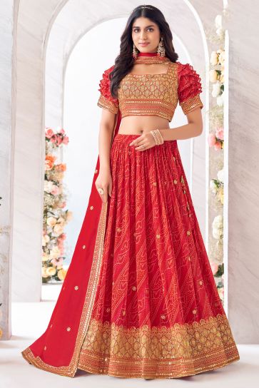 Function Wear Georgette Fabric Red Color Magnificent Readymade Lehenga