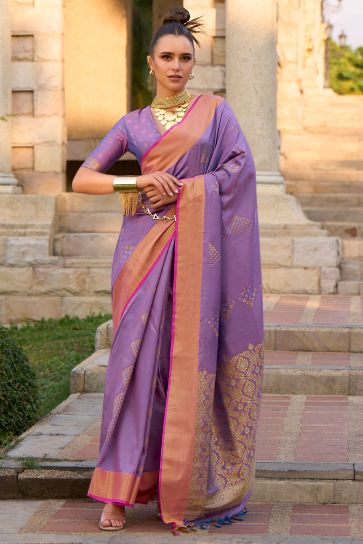 Lavender Color Fantastic Art Silk Fabric Saree With Weaving Work
