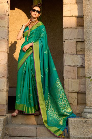 Appealing Weaving Work On Art Silk Fabric Saree In Green Color