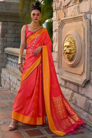 Weaving Work On Orange Color Aristocratic Art Silk Fabric Saree