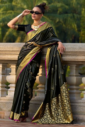 Weaving Work On Awesome Art Silk Fabric Saree In Black Color