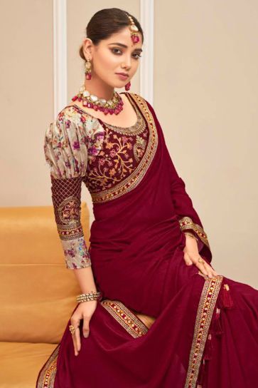 Border Work Soothing Fancy Fabric Saree In Maroon Color