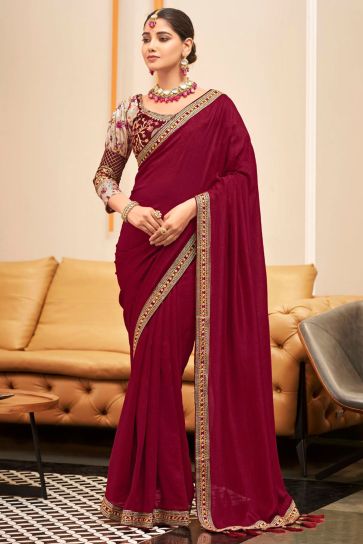 Border Work Soothing Fancy Fabric Saree In Maroon Color