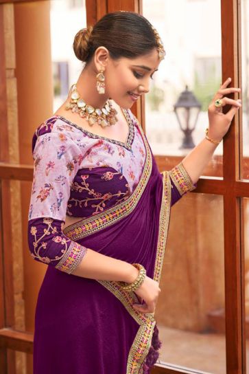 Delicate Purple Color Border Work Fancy Fabric Saree