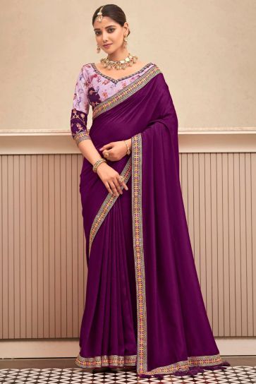 Delicate Purple Color Border Work Fancy Fabric Saree
