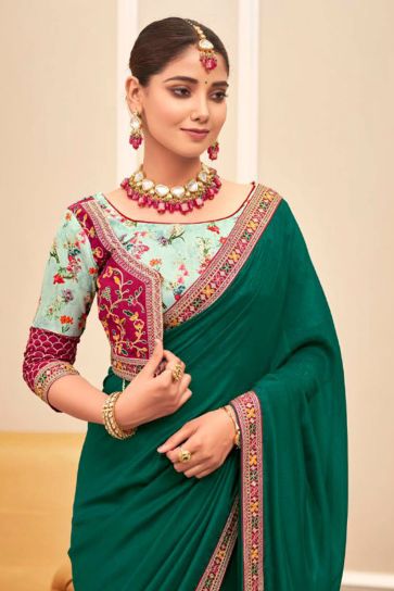 Green Color Gorgeous Fancy Fabric Saree With Border Work