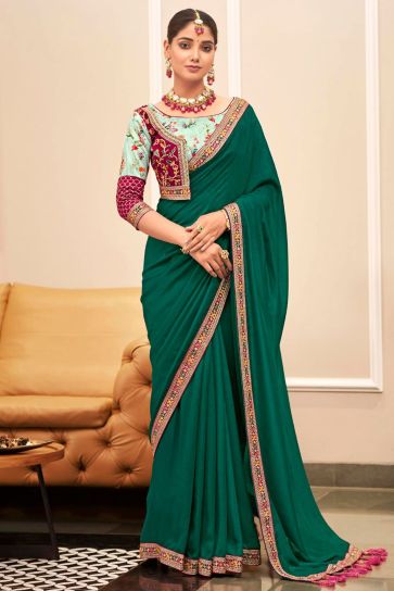 Green Color Gorgeous Fancy Fabric Saree With Border Work