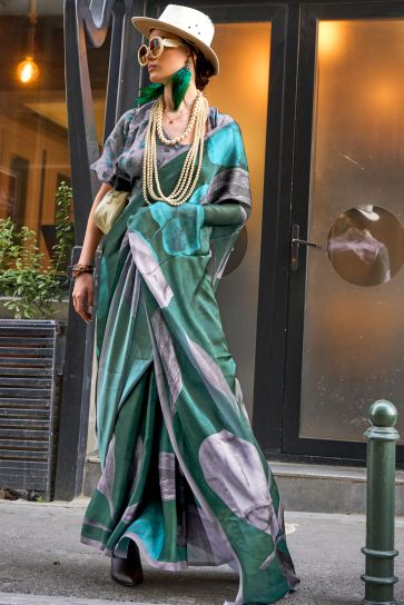 Green Color Printed Work On Art Silk Fabric Stunning Saree