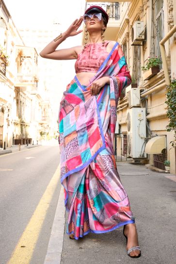 Art Silk Fabric Multi Color Riveting Saree With Printed Work