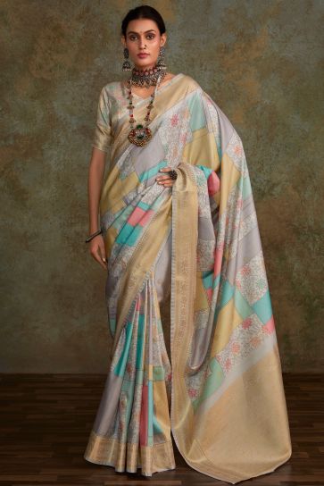 Multi Color Printed Work On Art Silk Fabric Stunning Saree