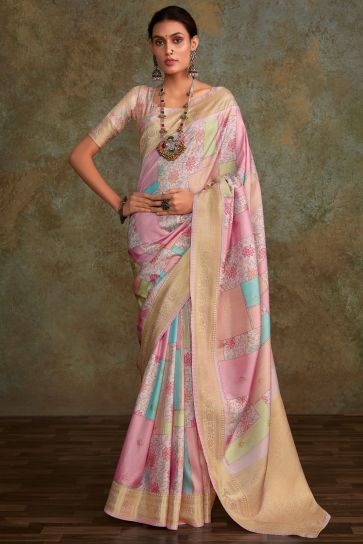 Beguiling Printed Work On Multi Color Art Silk Fabric Saree