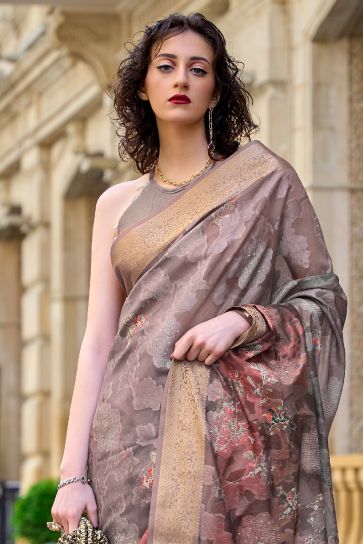 Engaging Dark Beige Color Brasso Fabric Saree With Printed Work