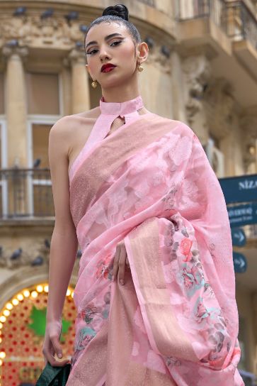 Pink Color Printed Work On Brasso Fabric Chic Saree