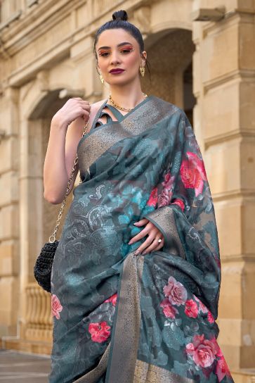 Graceful Brasso Fabric Teal Color Saree With Printed Work