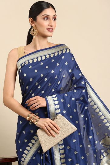 Navy Blue Color Weaving Work Brilliant Banarsi Cotton Saree