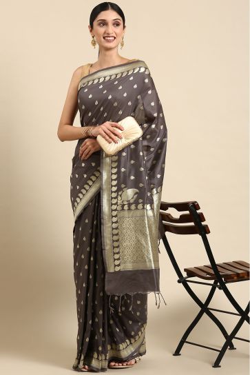 Weaving Work Imposing Banarsi Cotton Saree In Grey Color
