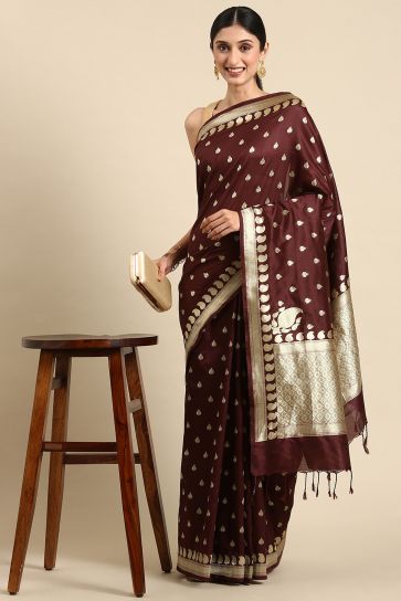 Weaving Work Soothing Banarsi Cotton Saree In Maroon Color